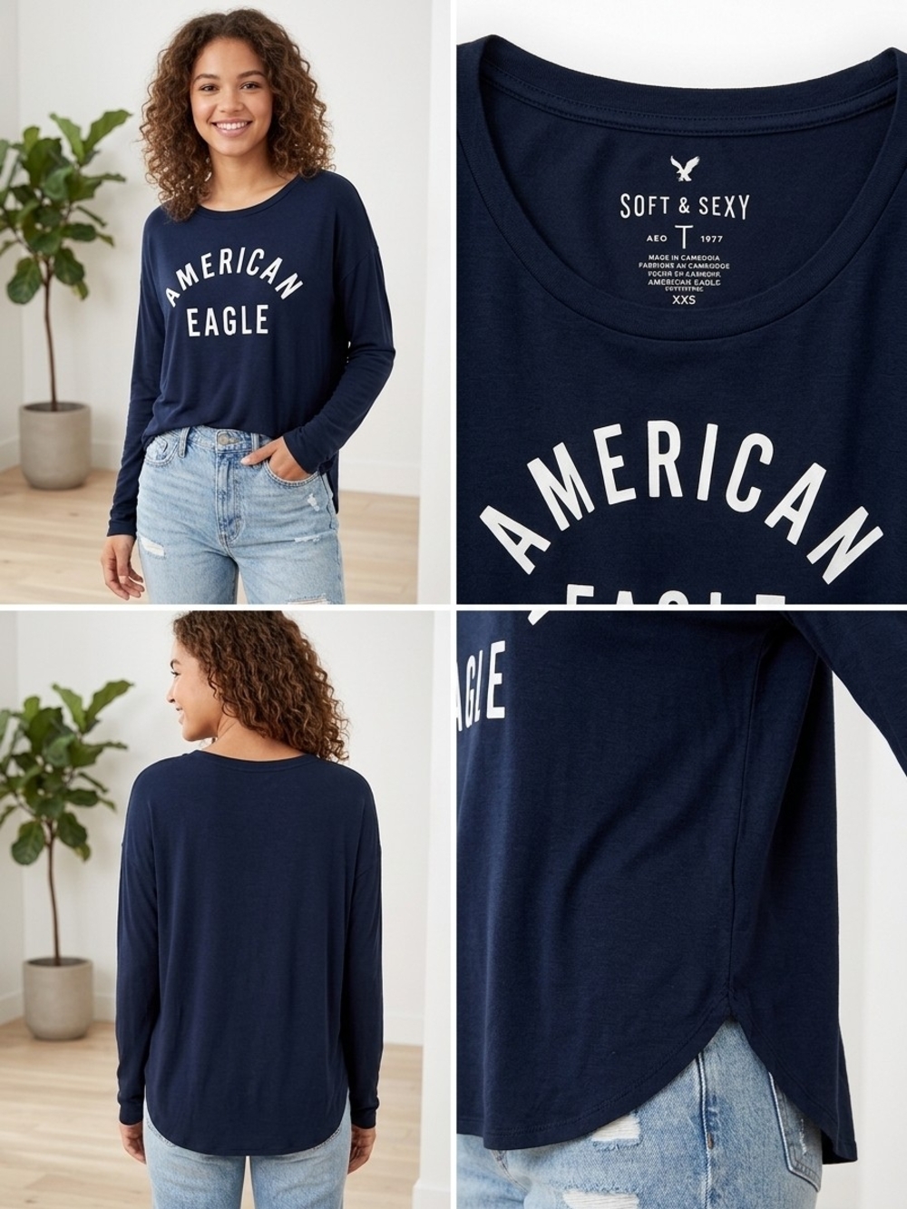 American Eagle Outfitters Black Long Sleeve Logo Tee with White Print